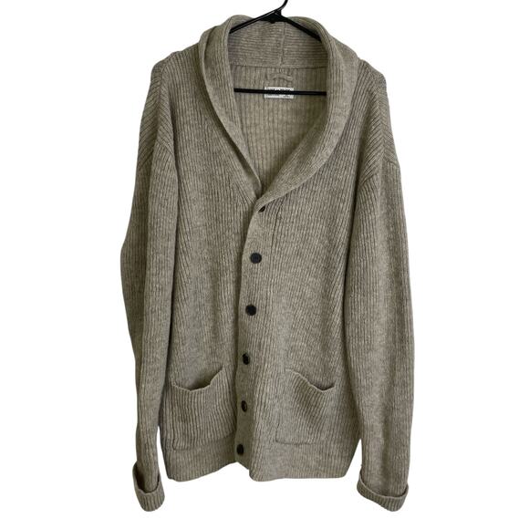 Line of Trade Cardigan Sweater Mens XL Beige Shetland Wool Button Up Knit Shawl - Picture 1 of 8